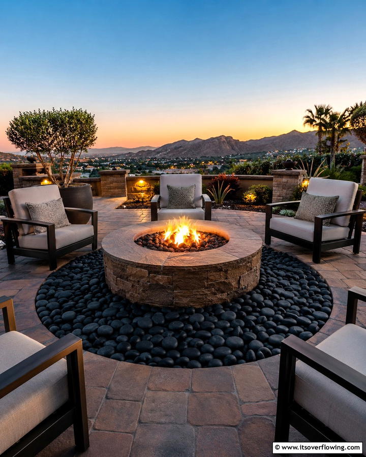 Outdoor Fire Pit with Rock Surround - 30 Natural Black River Rock Landscaping Ideas for Texture