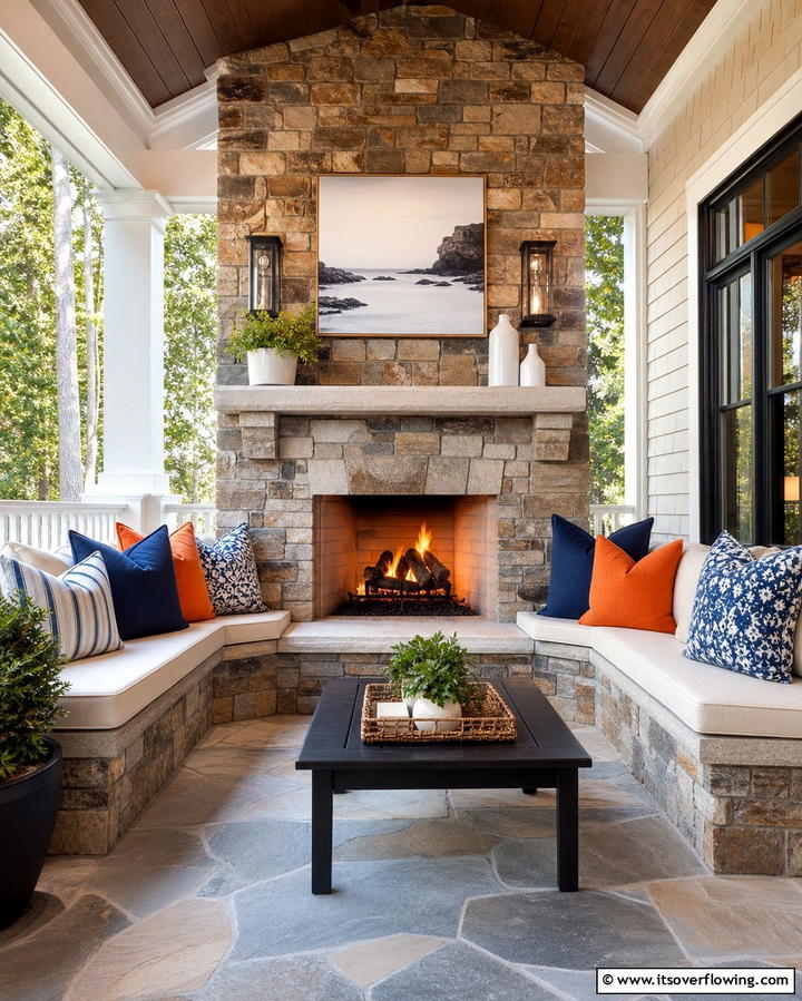 Outdoor Fireplace with Built In Seating - 25 Porch Fireplace Ideas for Cozy Outdoor Evenings