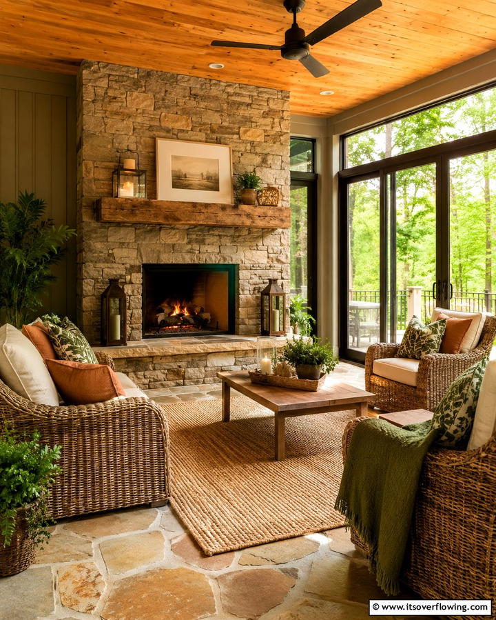 Outdoor Inspired Fireplace - 25 Sunroom With Fireplace Ideas for Cozy Gatherings