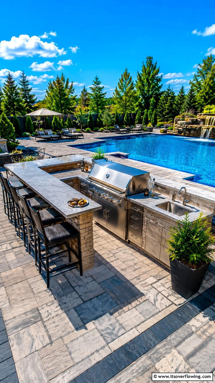 Outdoor Kitchen Surround - 30 Concrete Pavers Around Pool Ideas for Durable Style