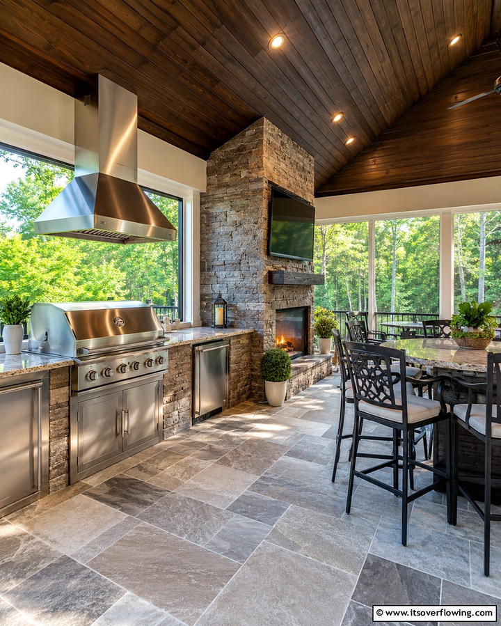 Outdoor Kitchen and Fireplace Combo - 25 Screened-in Porch With Fireplace Ideas for Cozy Evenings