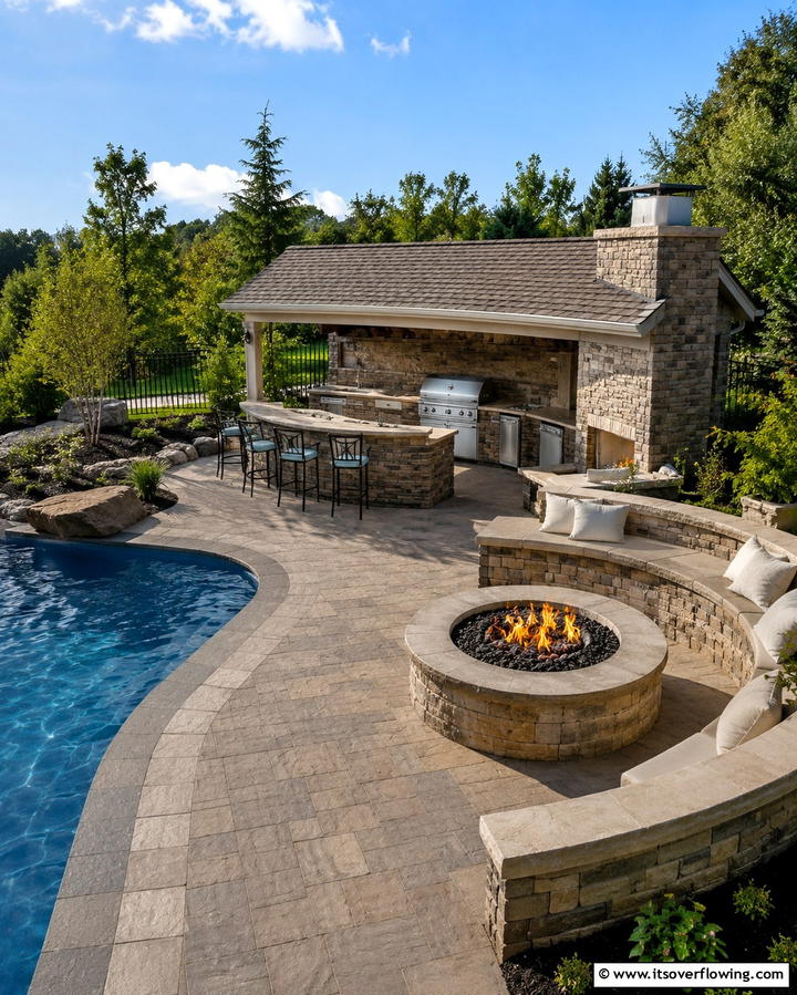 Outdoor Kitchen with Built In Fire Pit - 30 Pool House with Outdoor Kitchen Designs for Entertaining
