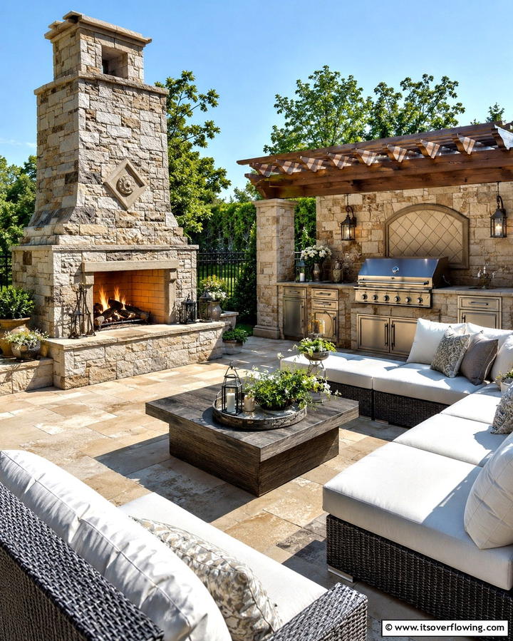 Outdoor Kitchen with Fireplace - 30 Pool House with Outdoor Kitchen Designs for Entertaining