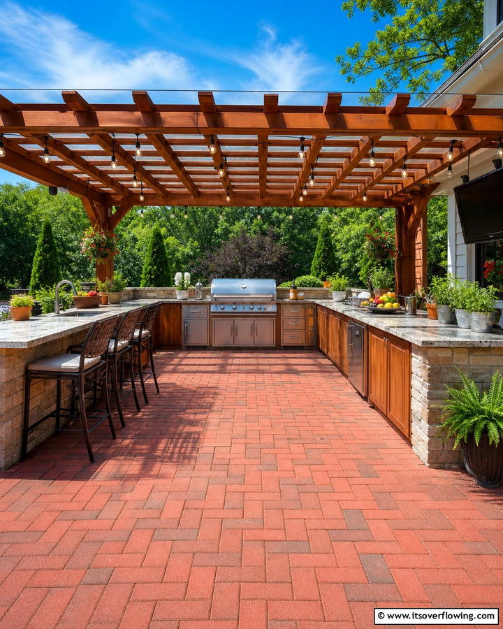 Outdoor Kitchen with Red Paver Flooring - 20 Red Paver Patio Ideas for Stunning Outdoor Spaces