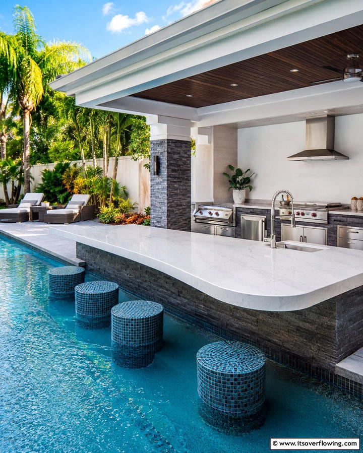 Outdoor Kitchen with Swim Up Bar - 30 Pool House with Outdoor Kitchen Designs for Entertaining