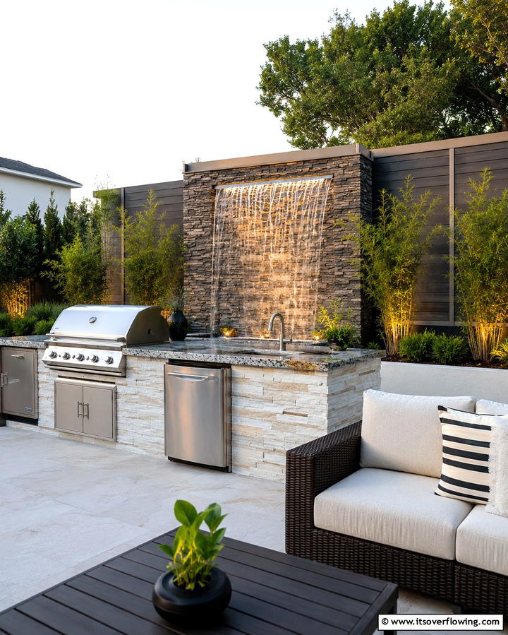 Outdoor Kitchen with Waterfall Feature - 30 Pool House with Outdoor Kitchen Designs for Entertaining
