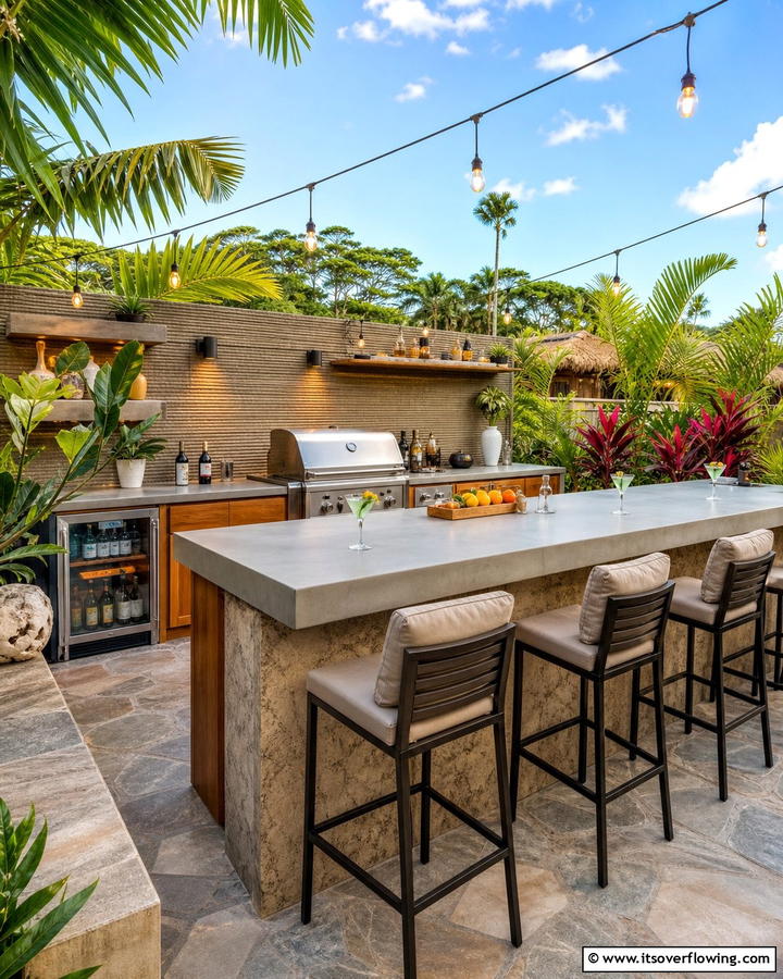 Outdoor Kitchen with a Bar Counter - 20 Luxury Outdoor Kitchen Ideas for Gourmet Cooking