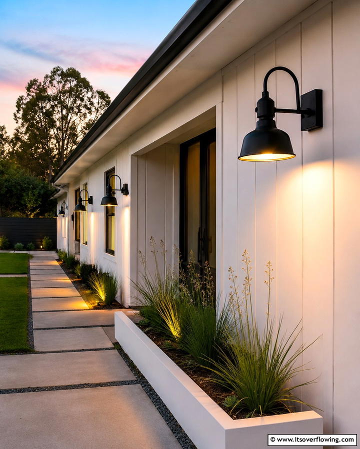 Outdoor Lighting with Black Metal Fixtures - 30 Single-Story White House Black Trim Exterior Inspirations
