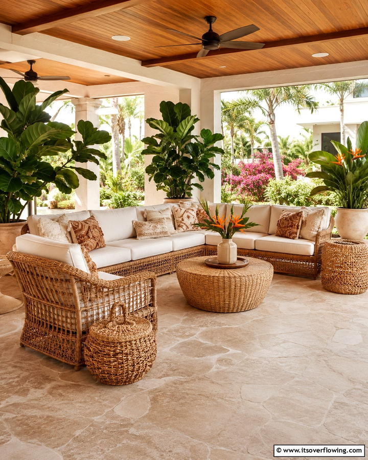 Outdoor Living Spaces with Rattan Furniture - 25 Tropical Landscape Ideas for Your Outdoor Paradise