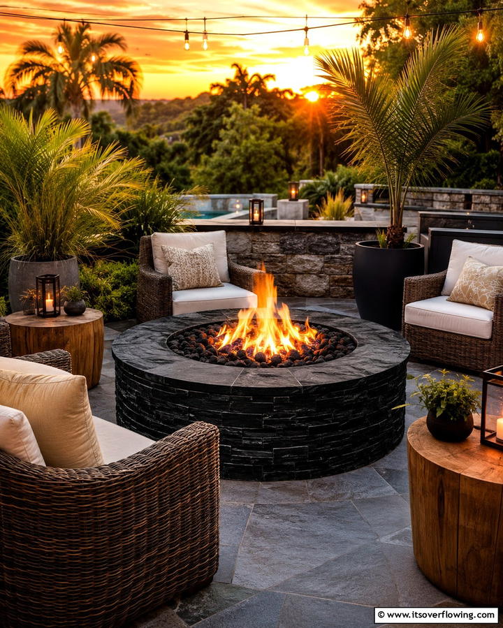 Outdoor Retreat with Black Stone Fire Pit - 25 Elegant Black Stone Fireplace Ideas
