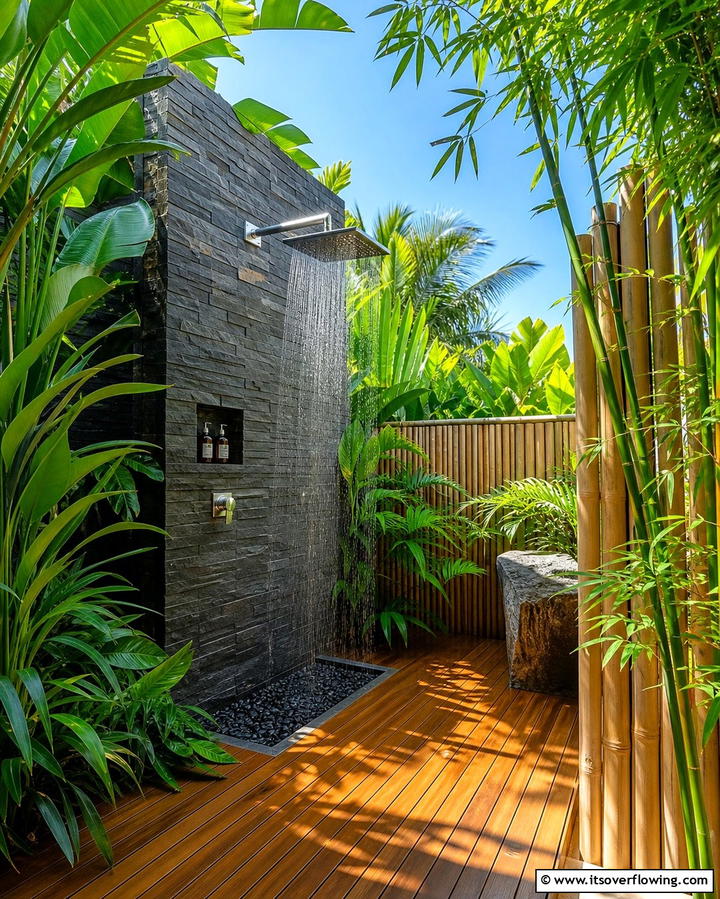 Outdoor Shower Oasis - 25 Tropical Garden Ideas for a Lush Outdoor Oasis