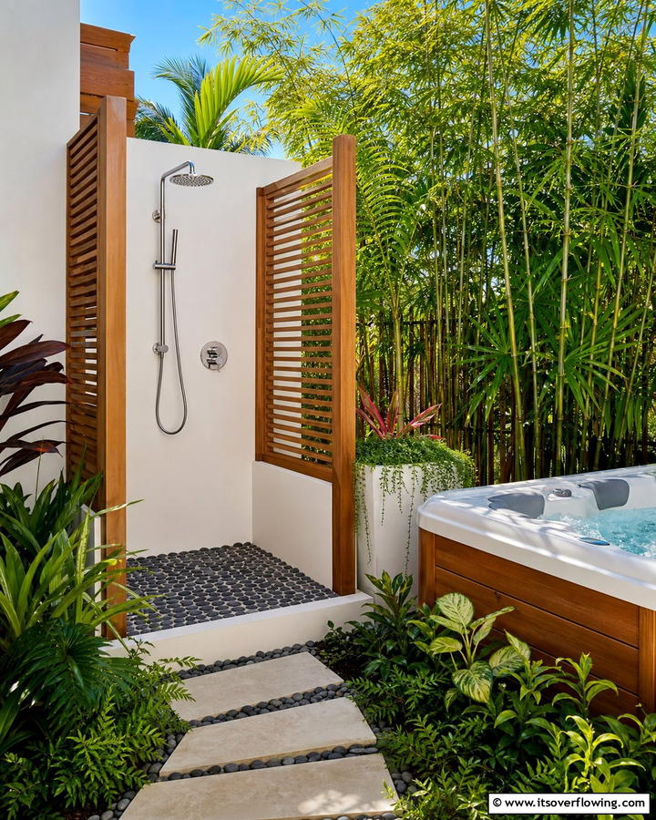Outdoor Shower Station - 20 Hot Tub Landscaping Ideas for a Relaxing Retreat