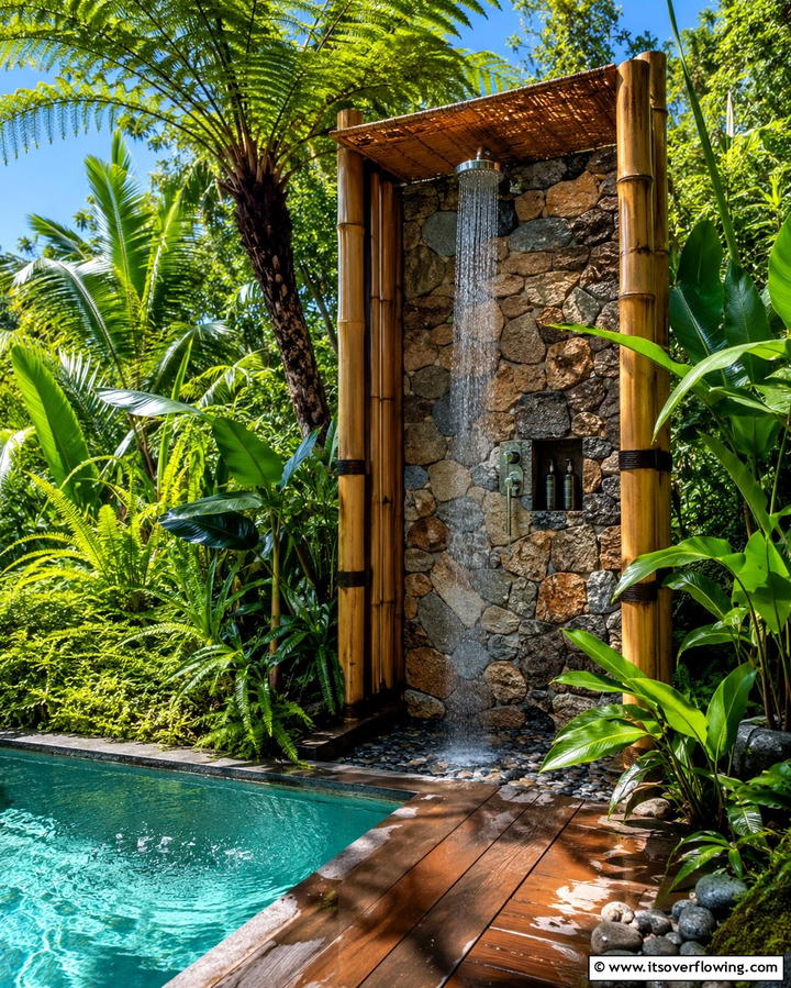 Outdoor Showers for Convenience - 25 Tropical Pool Landscaping Ideas for a Resort Feel