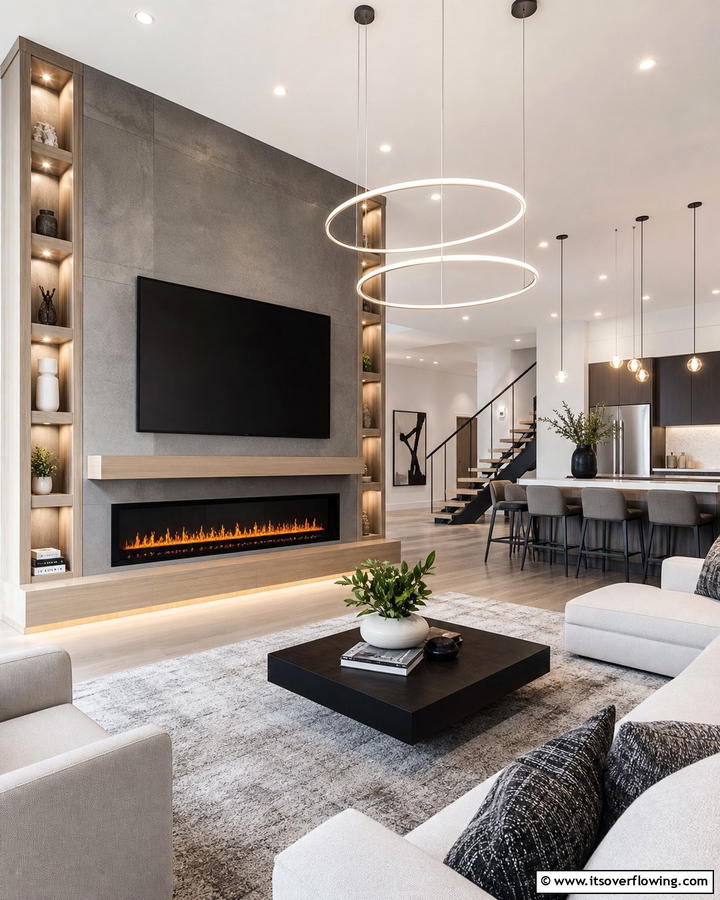 Outside Contemporary Electric Fireplace with TV Display - 30 Electric Fireplace Ideas With TV Above for Cozy Spaces