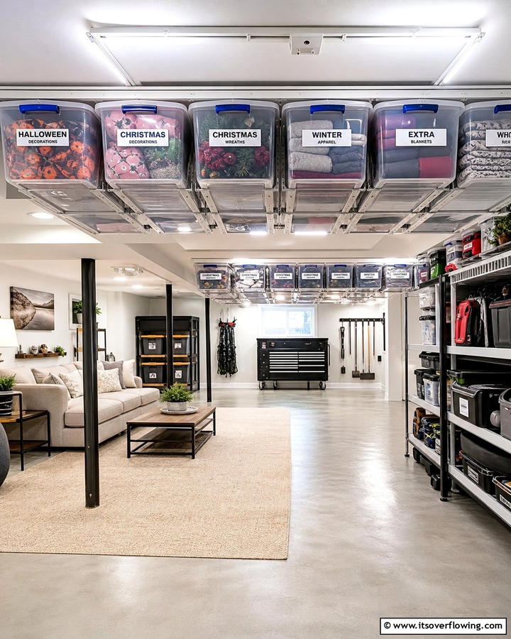 Overhead Bins for Seasonal Items - 21 Basement Storage Ideas to Organize Clutter with Style