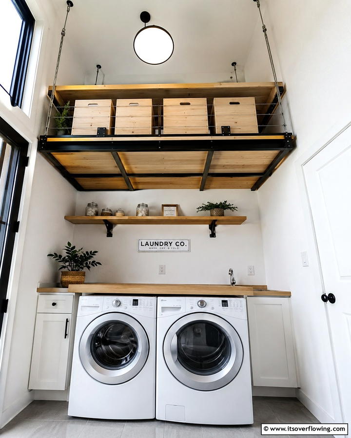 Overhead Loft Laundry Storage Shelves - 30 Laundry Room Shelf Ideas- Maximize Storage & Efficiency