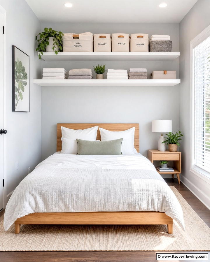 Overhead Shelf Storage - 25 Creative Bedding Storage Ideas for Small Spaces