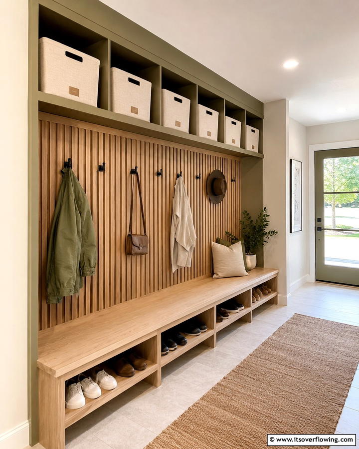 Overhead Storage Bins - 25 Small Mudroom Ideas to Organize Your Entryway