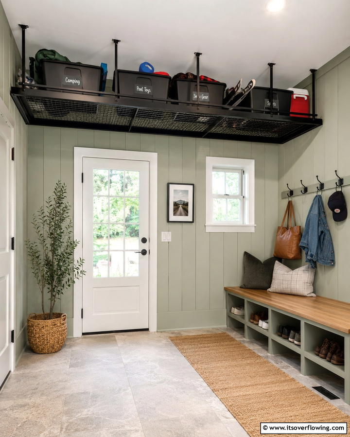 Overhead Storage Racks - 30 Mudroom Storage Ideas for a Clutter-Free Entryway
