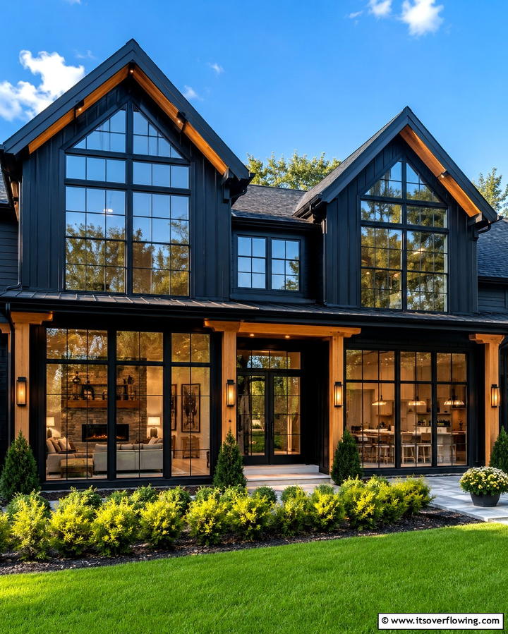 Oversized Black Windows - 25 Black Modern Farmhouse Exterior Design Ideas