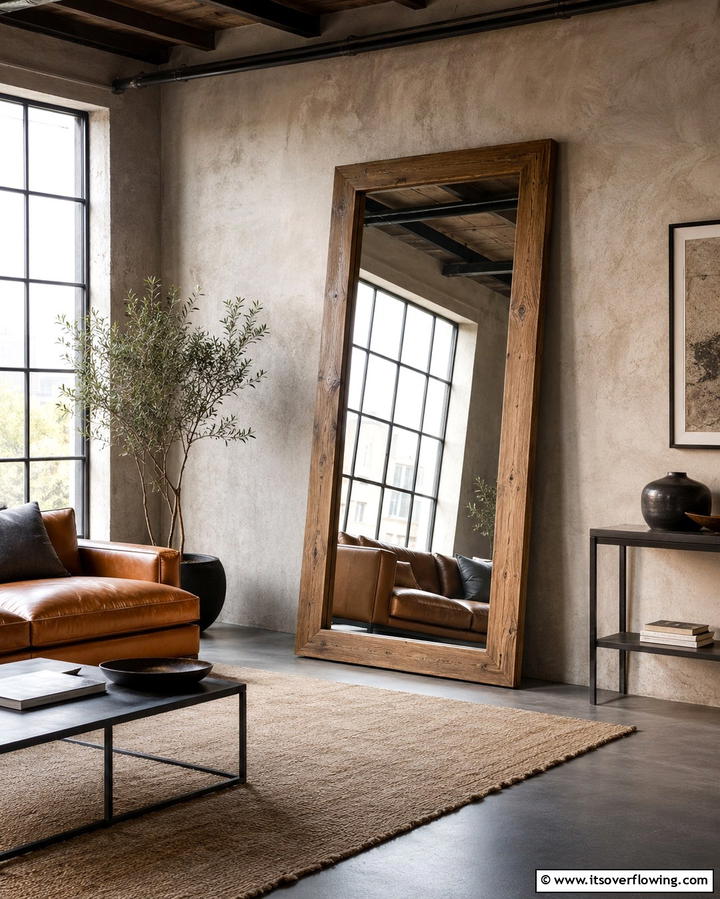 Oversized Leaning Mirror - 25 Living Room Mirror Ideas to Brighten Your Space