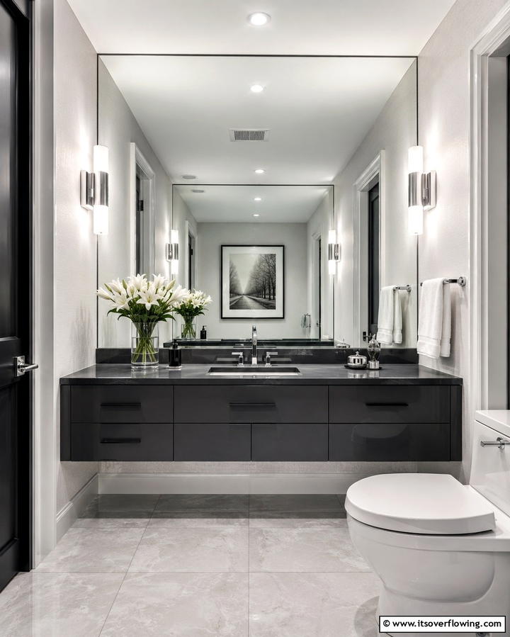 Oversized Mirror Illusion - 25 Hall Bathroom Ideas for Small and Functional Spaces