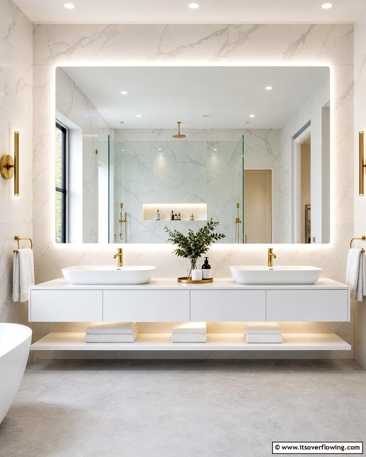 Oversized Mirrors with Ambient Lighting - 25 Cozy Bathroom Ideas for a Relaxing Space