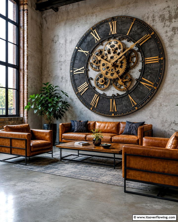 Oversized Wall Clocks - 30 Industrial Living Room Ideas with Urban Charm