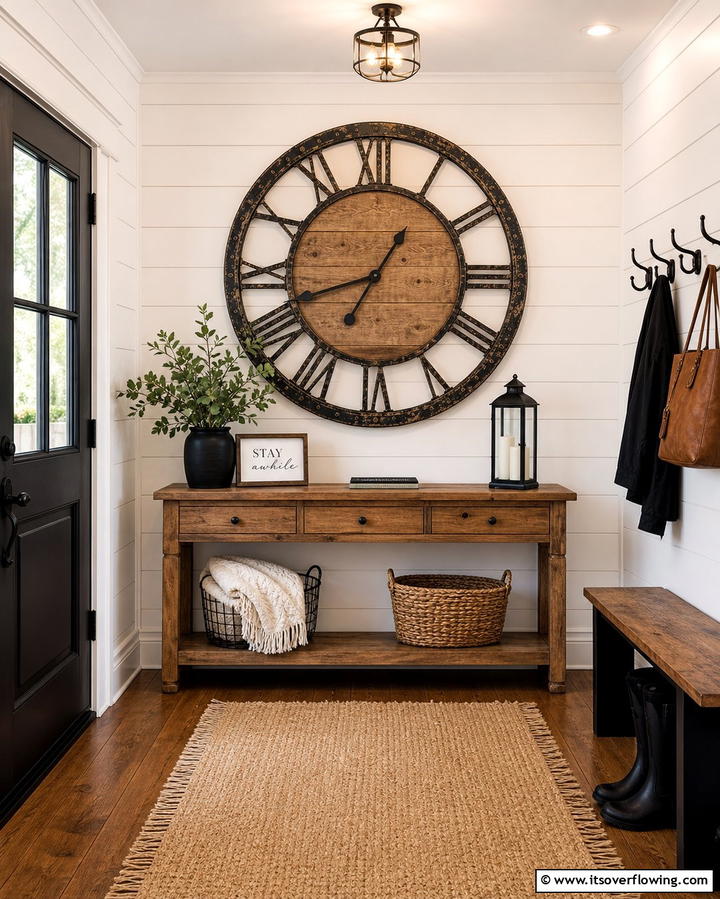 Oversized Wall Clocks - 25 Farmhouse Entryway Ideas for a Warm and Welcoming First Impression
