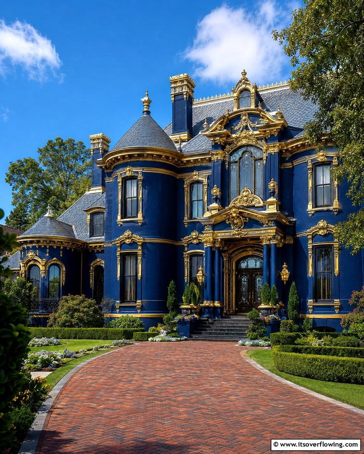 Oxford Blue with Gold Trim - 30 Serene Blue Exterior House Paint Ideas for Curb Appeal