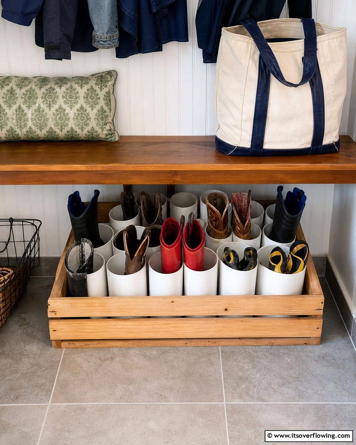 PVC Pipe Dividers for Budget Friendly Boot Storage - 25 Creative Boot Storage Ideas for Organized Homes