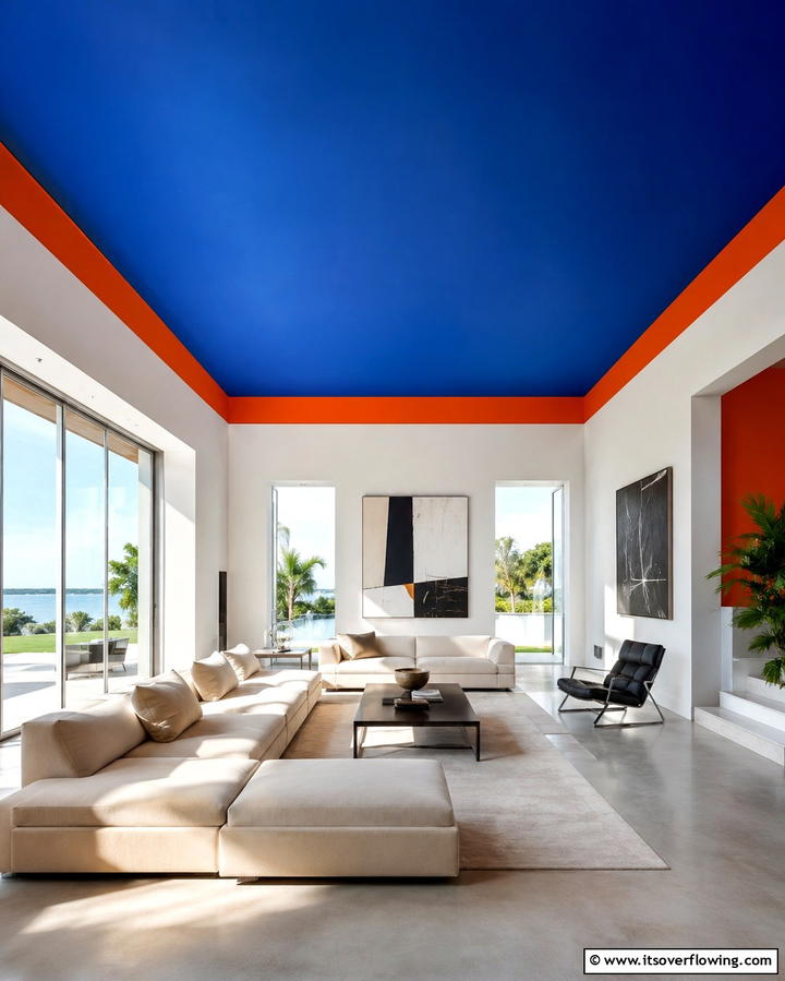 Painted Ceilings - 25 Orange and Blue Living Room Ideas for a Bold Look