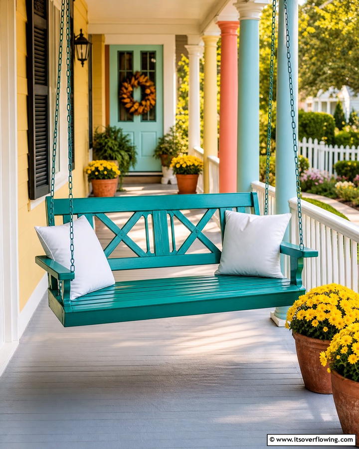 Painted Porch Swing for a Pop of Color - 20 Front Porch Swing Ideas for a Cozy and Inviting Entrance