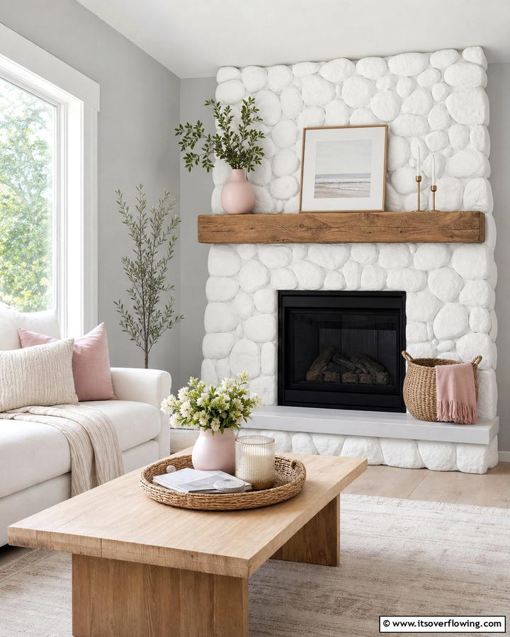 Painted River Rock Fireplace for a Fresh Look - 25 River Rock Fireplace Ideas for a Natural Look