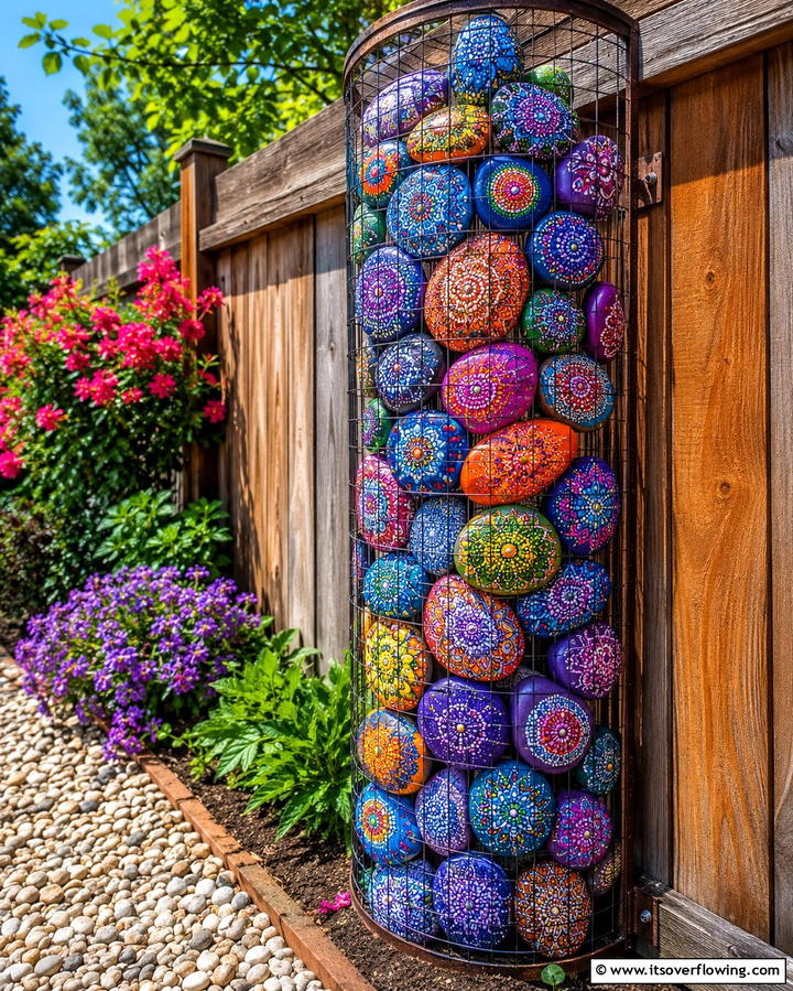 Painted Rocks Display - 25 Fence Art Ideas to Add Personality to Your Yard