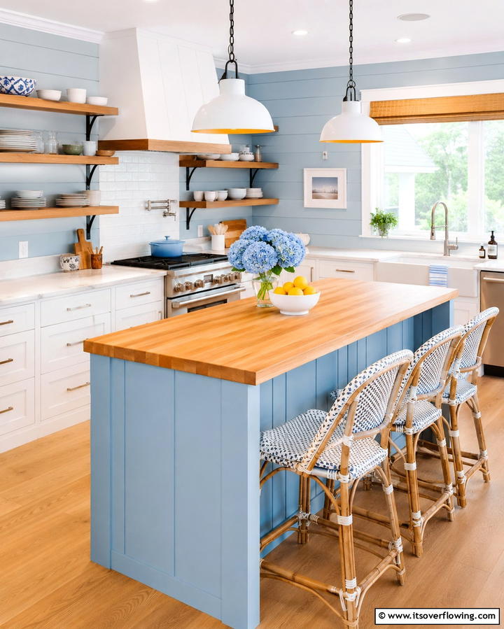 Painted Shiplap with a Butcher Block Island - 20 Kitchen Shiplap Ideas with Kitchen Island Designs