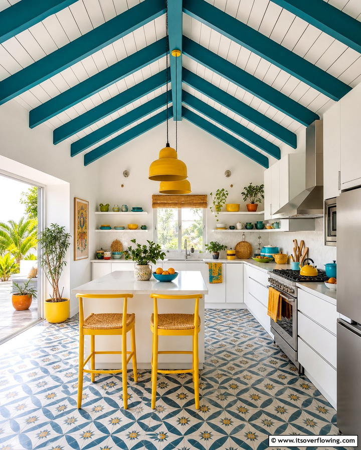Painted Wood Beams for a Pop of Color - 25 Vaulted Ceiling Kitchen Ideas for a Spacious Feel