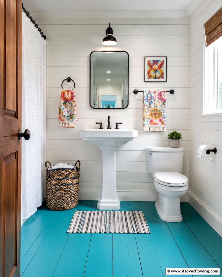 Painted Wood Floors for a Pop of Color - 30 Wood Floor Ideas for Bathrooms- Warmth Meets Function