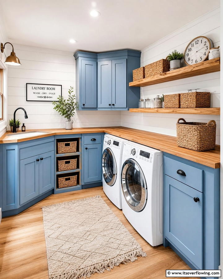 Pair Blue with Wood Accents - 25 Blue Laundry Room Ideas for a Fresh and Clean Look
