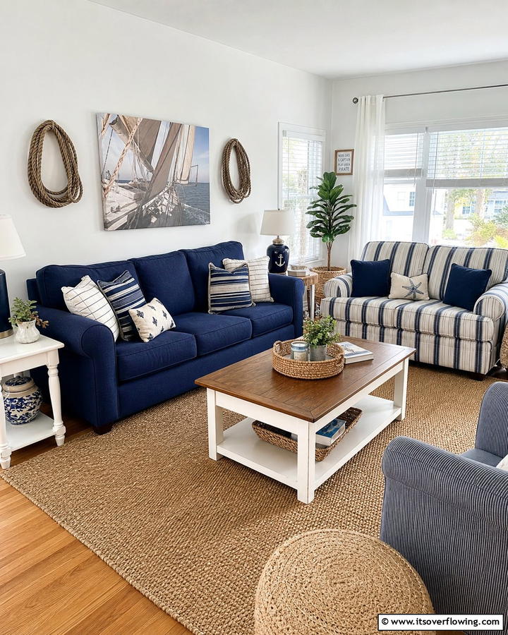 Pair Solids with Stripes - 20 Mismatched Sofas in Living Room Ideas for Eclectic Style