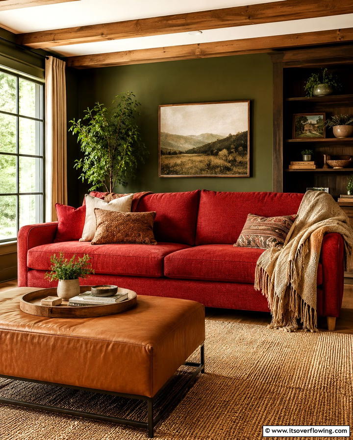 Pair with Earthy Tones - 25 Red Couch Living Room Ideas to Make a Statement