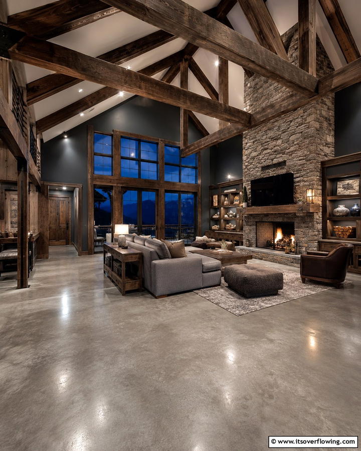 Pairing Concrete Floors with Exposed Wooden Beams - 25 Rustic Concrete Floor Living Room Ideas for Style