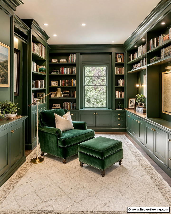 Pairing Dark Green Furniture with Neutral Rugs - 20 Dark Green Home Library Ideas and Inspiration