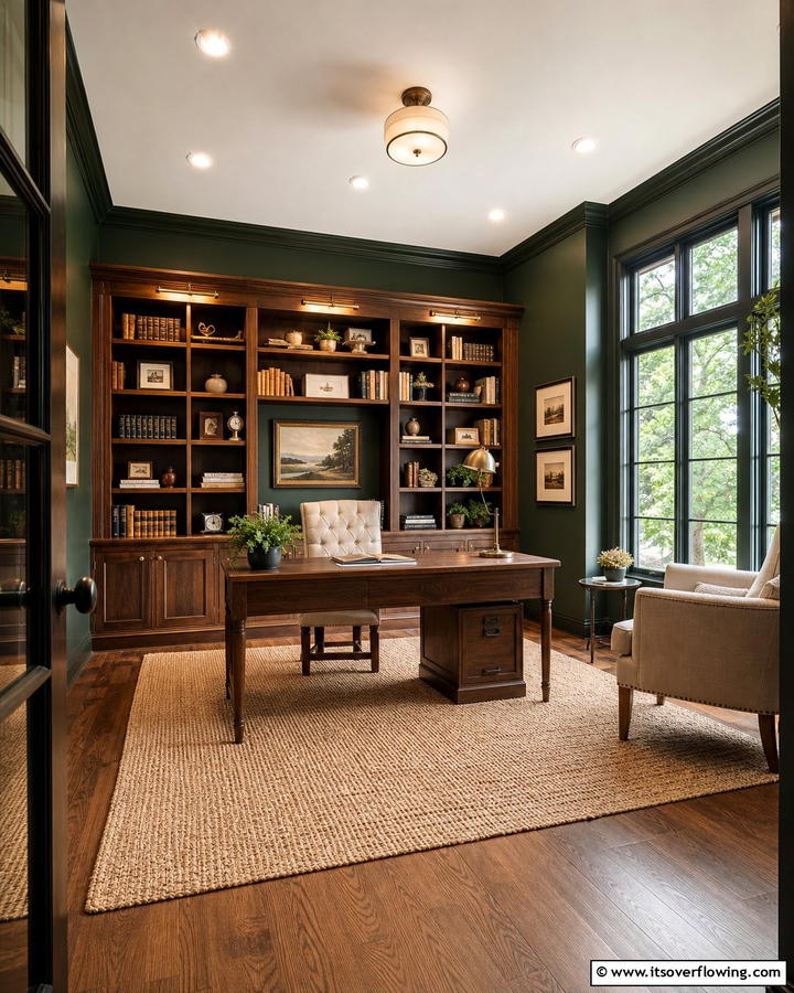 Pairing Dark Green Walls with Warm Wood Tones - 20 Dark Green Home Library Ideas and Inspiration