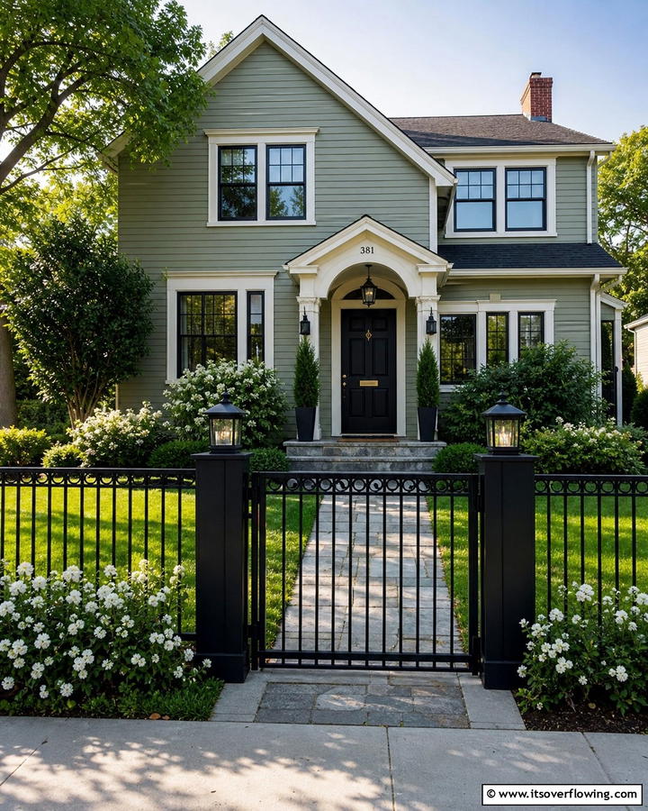 Pairing with a Black Fence - 20 Sage Green House With Black Door Design Ideas