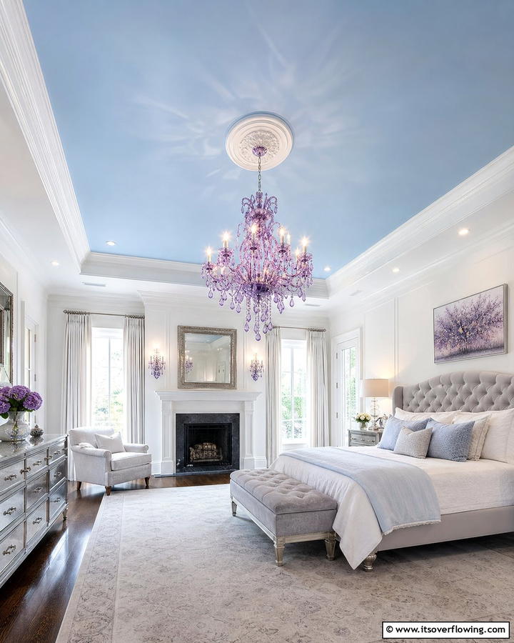 Pale Blue Ceiling with Purple Chandeliers - 20 Blue and Purple Bedroom Ideas- Vibrant & Cozy Designs