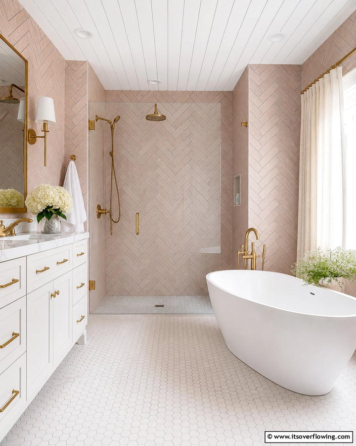 Pale Pink Herringbone Tiles for Subtle Elegance - 20 Pink Tile Bathroom Ideas for a Vibrant Look