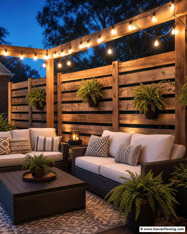 Pallet Fence with String Lights - 25 Pallet Fence Ideas for Eco-Friendly Landscaping