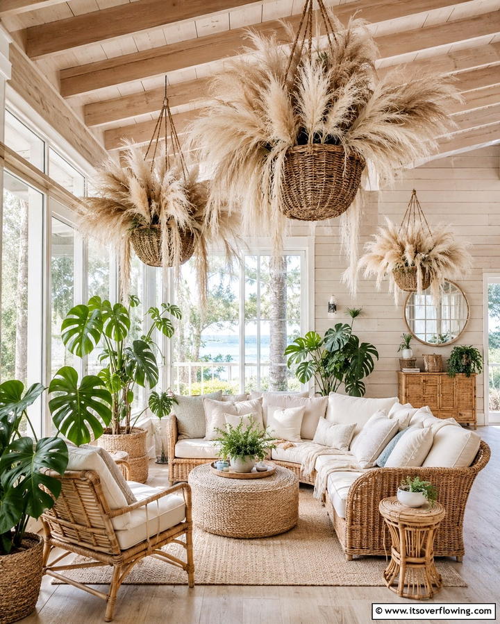 Pampas Grass in Hanging Baskets - 25 Pampas Grass Decor Ideas for Boho Chic Spaces