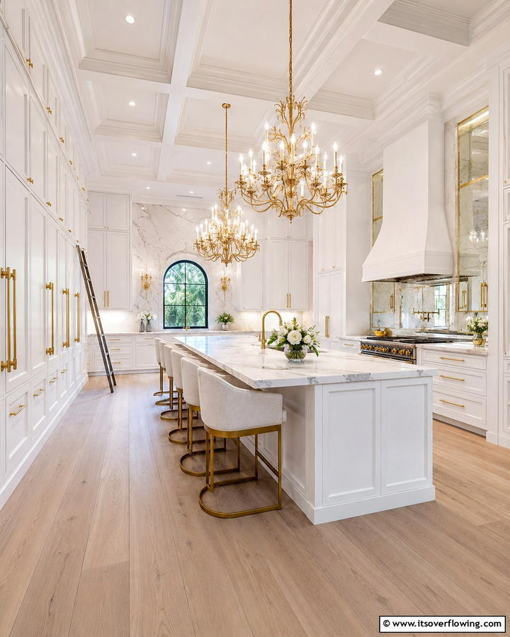 Paneled White Cabinets with Oversized Gold Handles - 20 White Kitchen Cabinets With Gold Hardware Ideas